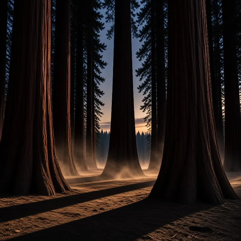 Towering sequoia trunks catch warm sunset light above a haze drifting through the dark forest floor.