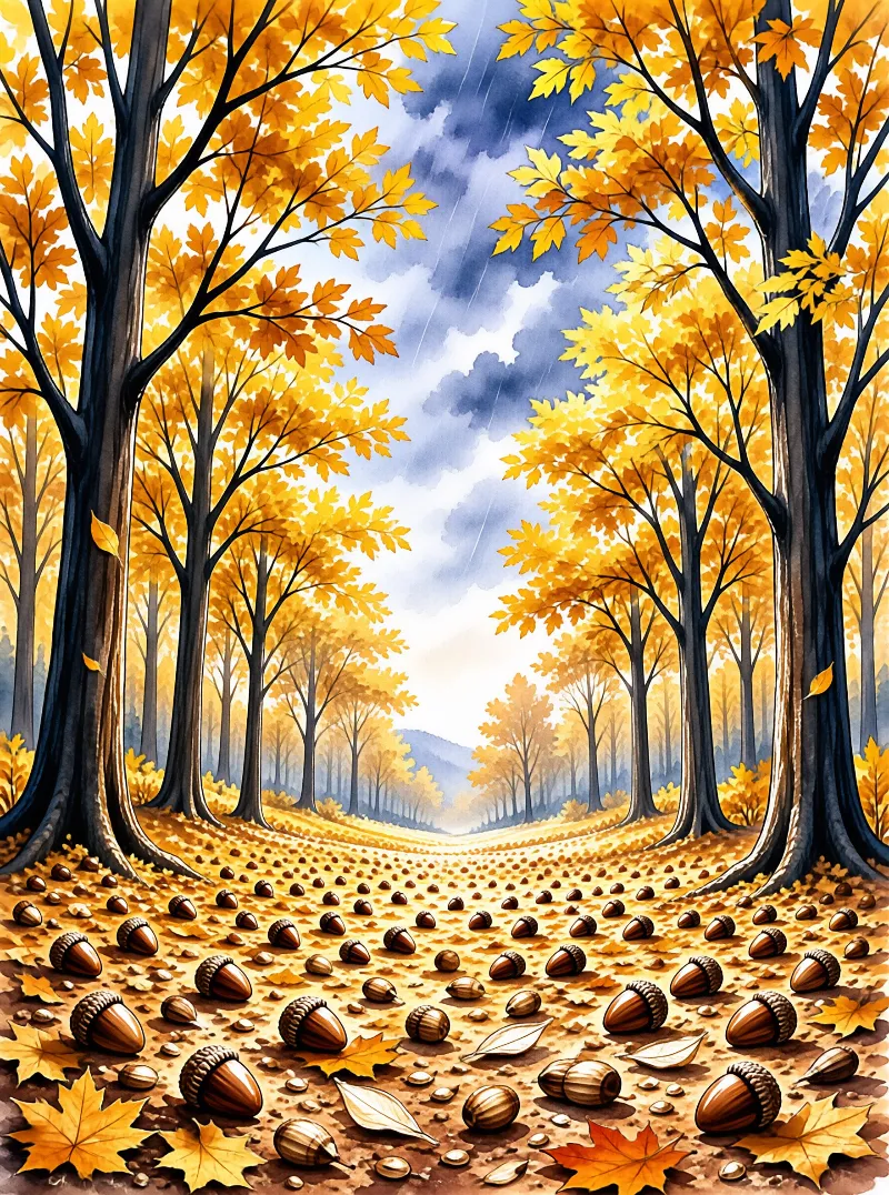 An illustration of a symmetrical autumn maple path scattered with many acorns, beneath a clouded sky with light rain.