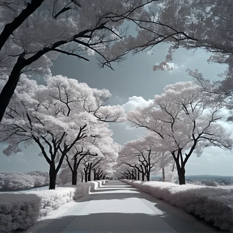 A straight snow covered pathway is flanked by rows of trees with bright white foliage under a pale partly cloudy sky.