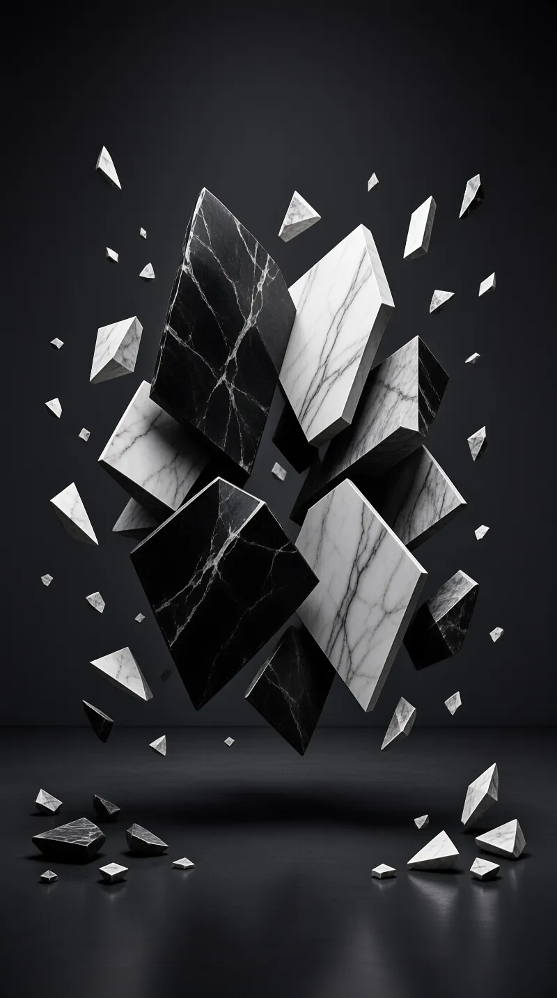Monochromatic marble shards suspended mid-air against a dark background with sharp shadows and studio lighting.