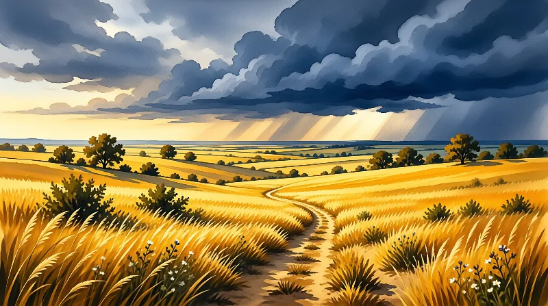 A winding path cuts through golden fields as dark clouds gather overhead while bright sunbeams illuminate the landscape below.