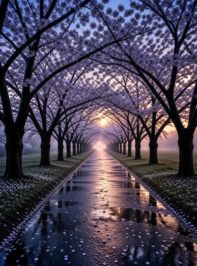 A wet path reflects the golden sun light beneath rows of purple cherry blossom trees creating a tunnel effect.