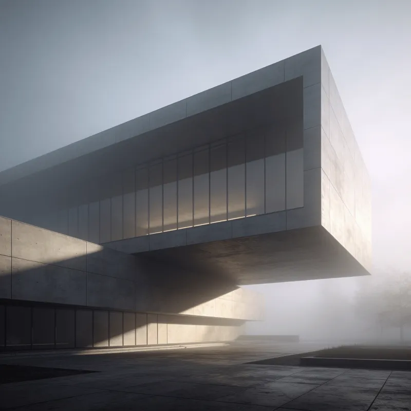 Museum with Floating Cantilever — Foggy Morning