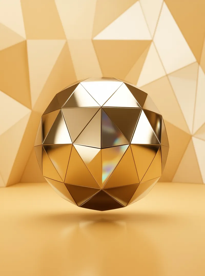 A shiny gold polyhedron floats above an angular wall with iridescent rainbow reflections.