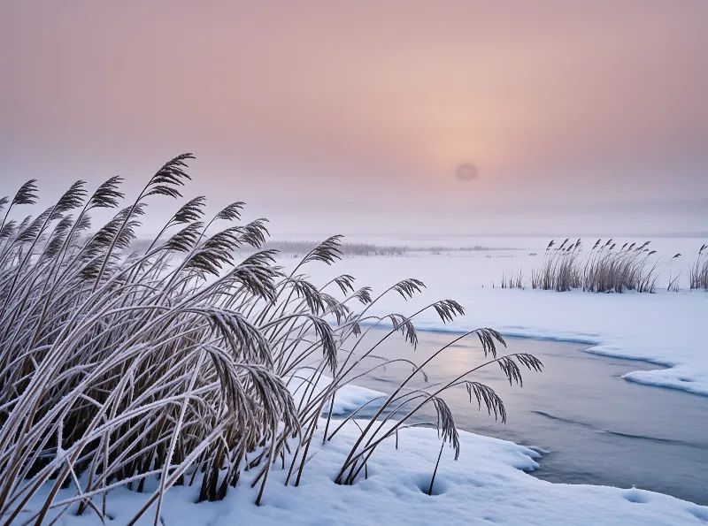 Dried grasses lean over snow covered ice near a dark channel of water illuminated by low morning sunlight.