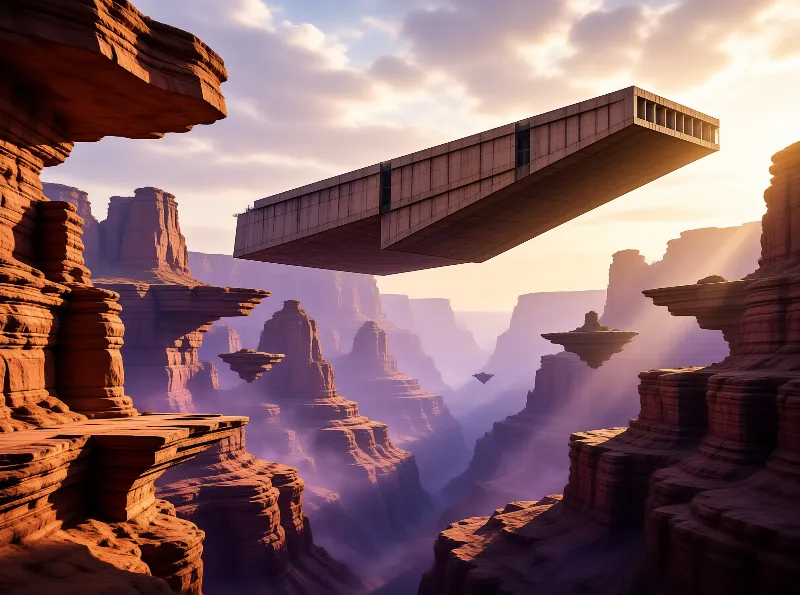 A massive rectangular structure hovers above misty red rock formations under warm sunset light.