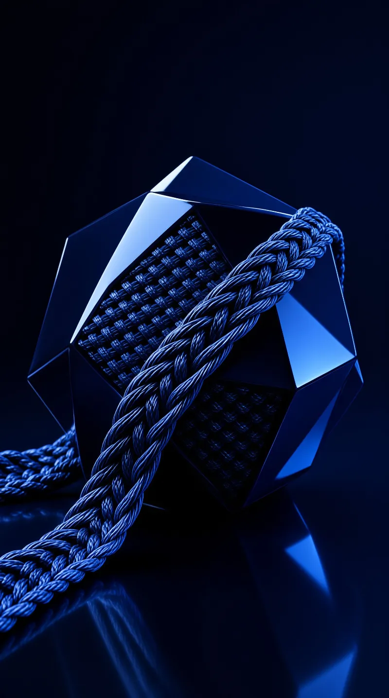 A glossy blue faceted object is encircled by a thick twisted rope on a dark reflective surface.