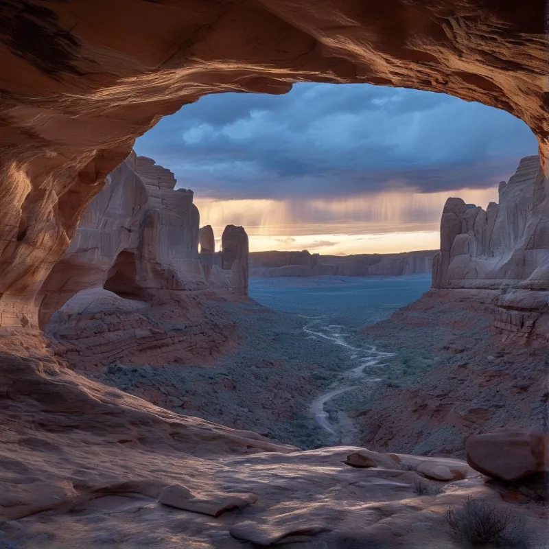 A large rock arch frames a view of a desert valley with winding paths and dramatic clouds letting beams of light through.