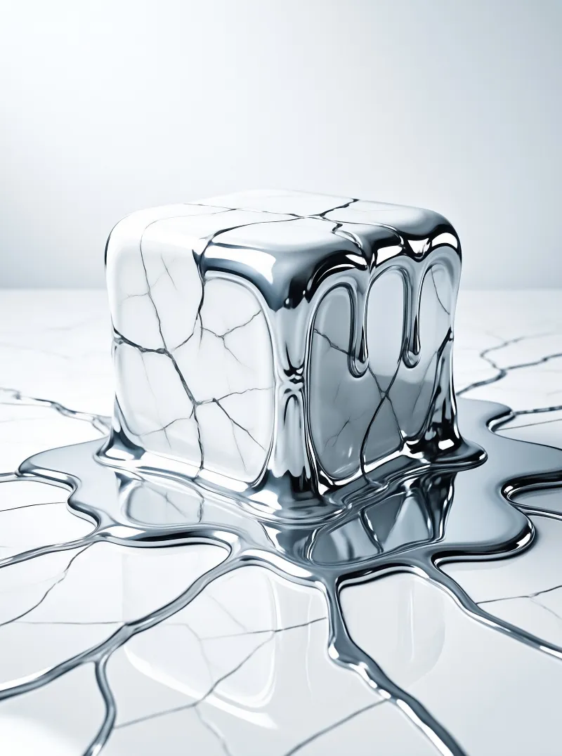 A shiny silver cube melts into a puddle of liquid metal on a glossy white surface with cracks visible.