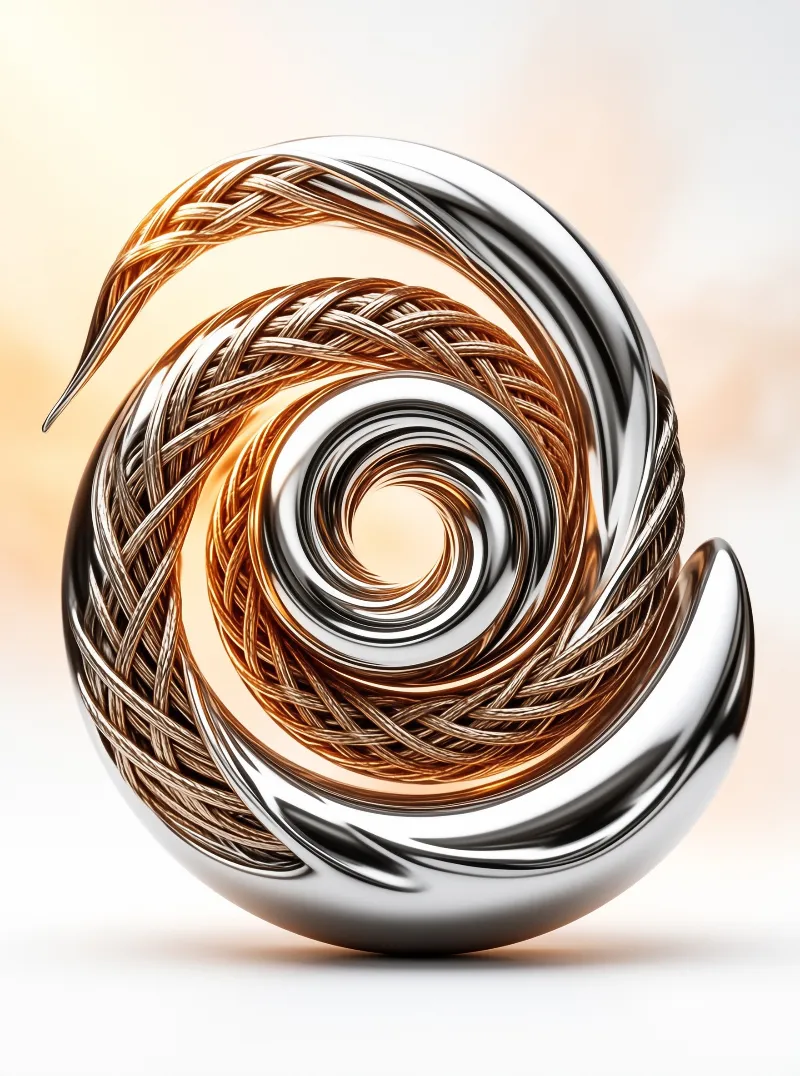 A spiraling metal object combines woven copper strands with smooth chrome curves set against a bright neutral background.