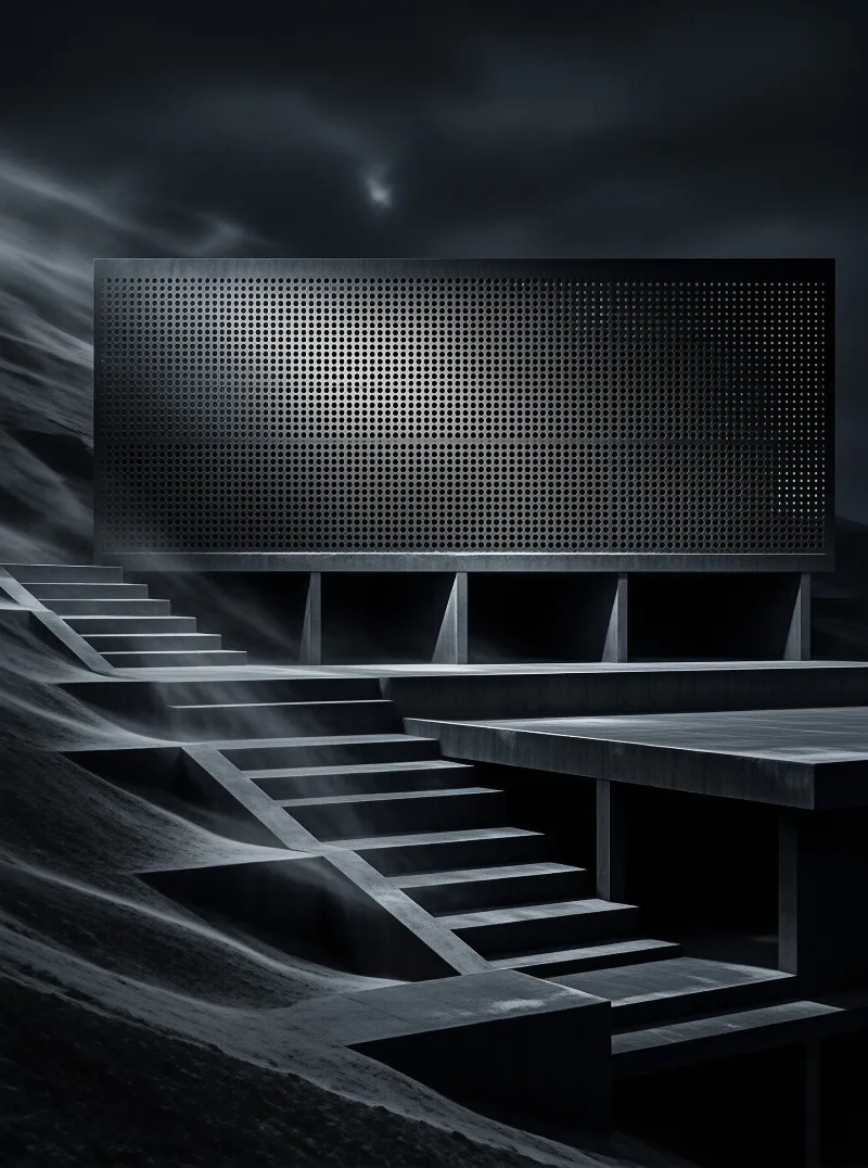 Monumental concrete structure with a dot matrix facade stands above stepped terraces in a dim monochromatic setting