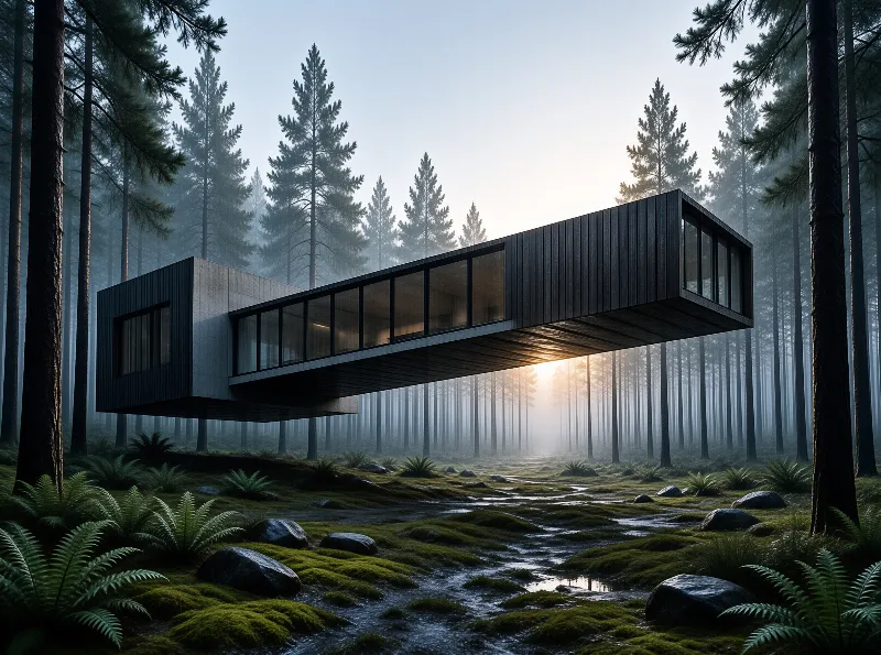 A long black modernist house hovers among tall pine trunks while low sun glows through fog over a mossy forest floor.