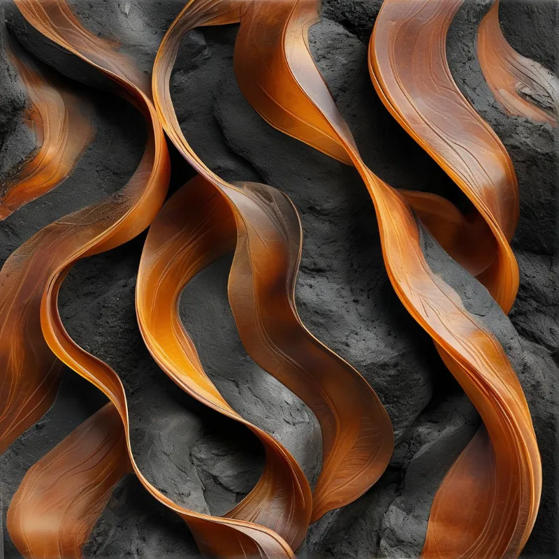 Polished amber metallic strips curve and overlap on a textured dark cracked stone surface, with warm light highlighting their ridges.