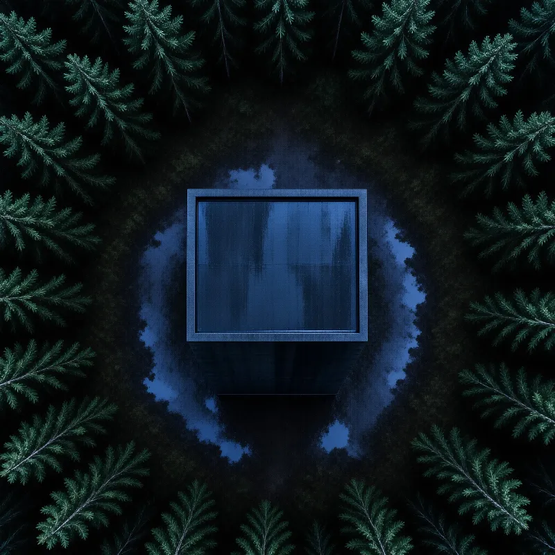 A square glass structure sits centrally among evergreen needles under a deep blue twilight sky.