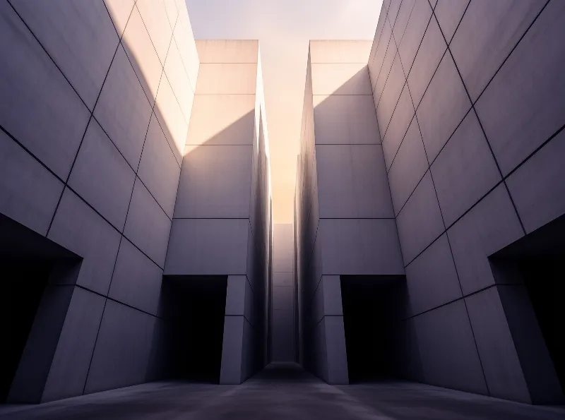 A low angle view looking up at tall grey concrete structures forming a narrow passage illuminated by warm sunset light.
