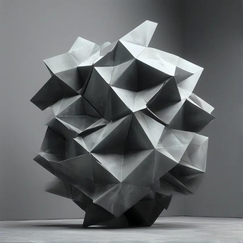 A large angular white paper sculpture stands in a corner of a room with grey walls and soft directional lighting.