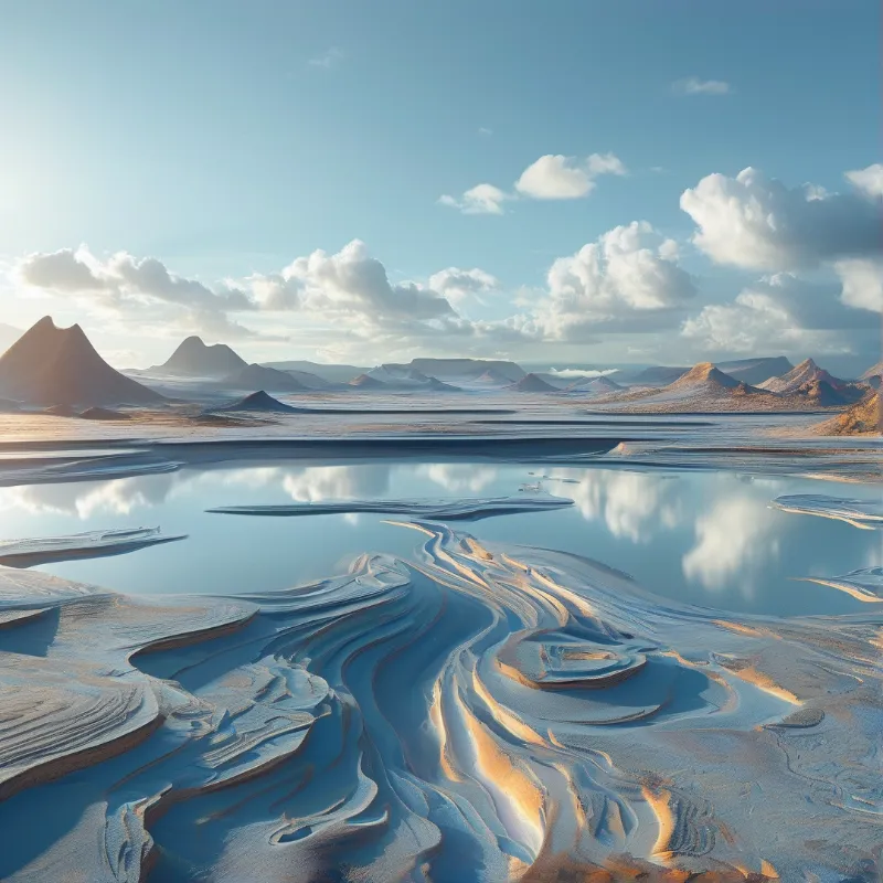 A landscape showing smooth water channels and sand ripples beneath a bright sky with scattered clouds.
