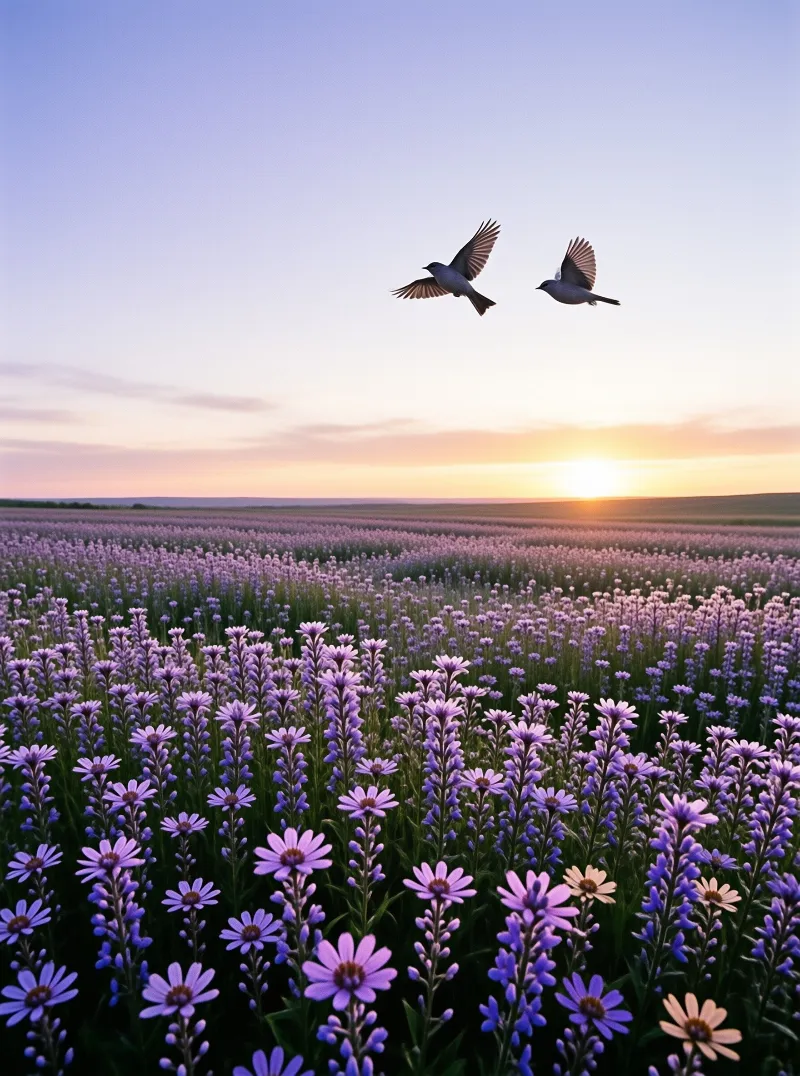 Two birds soar over a vast purple flower field while the sun dips below the distant horizon line.