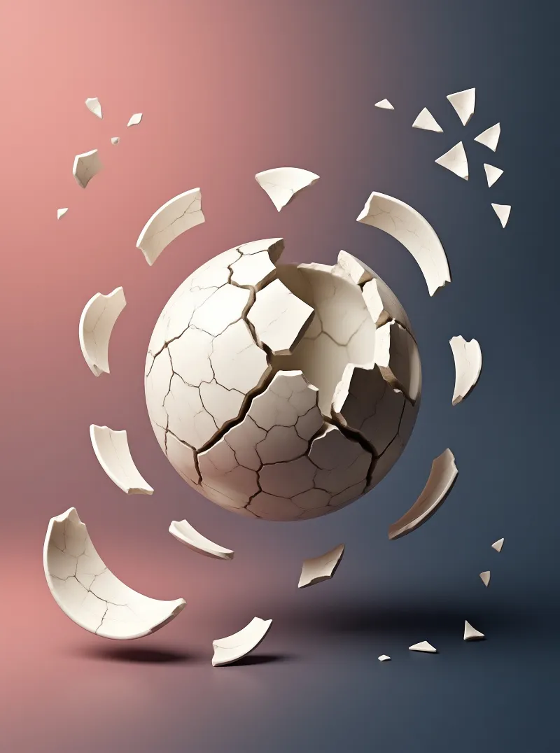 A cracked white ceramic ball explodes into curved fragments that float against a soft pink and blue gradient.