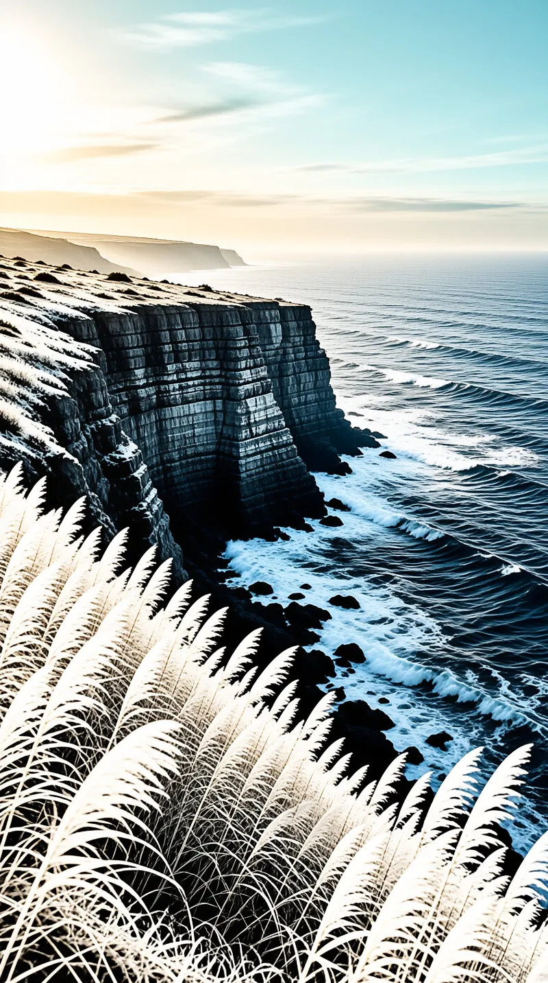 Tall white grasses frame the view while towering dark cliffs overlook the rolling blue sea under a soft sky.