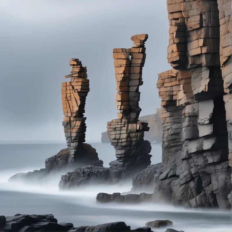 Three tall columns of flat stones stand in misty coastal waters under an overcast sky