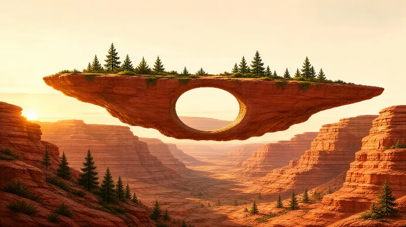 A large floating rock arch with a circular hole floats above a wide canyon with layered red rock formations, surrounded by evergreen trees during golden hour