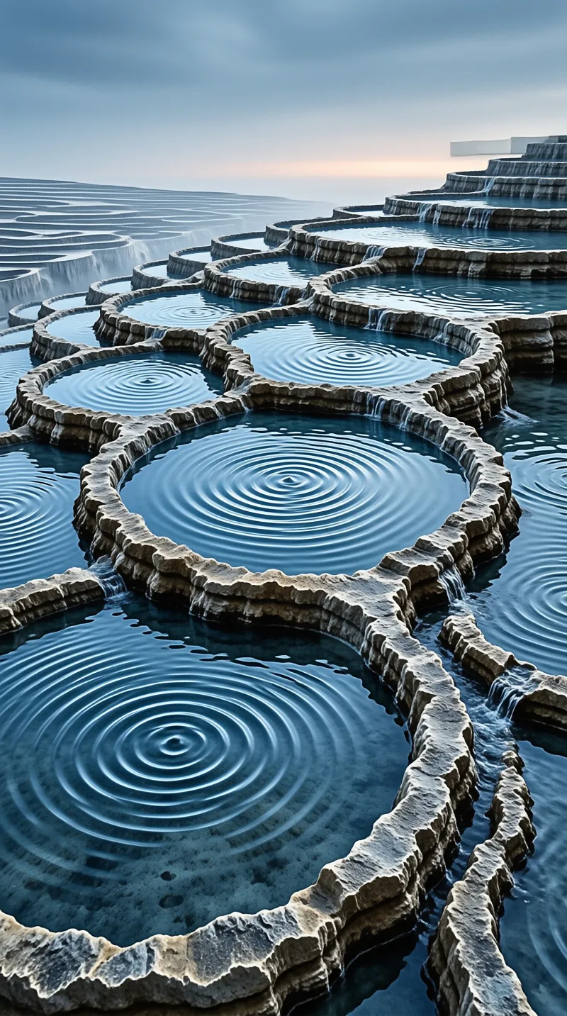 Layered stone pools hold blue water with concentric ripples while small streams cascade toward a glowing horizon.