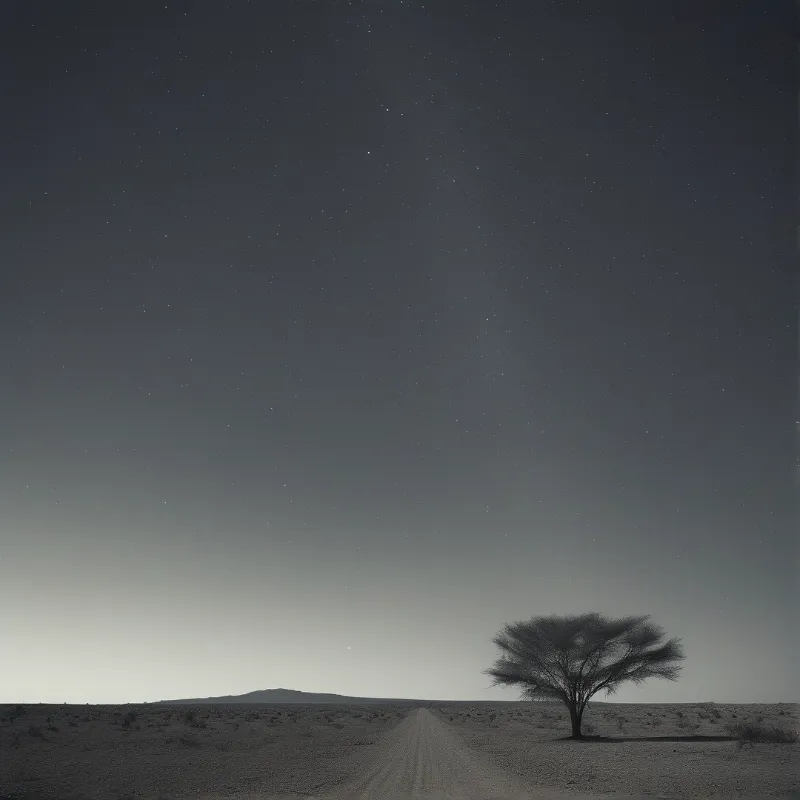 A monochrome landscape showing a solitary tree standing beside a long straight road under a starry night sky.