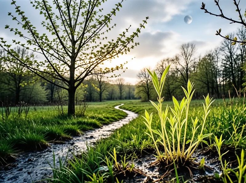 Bright green seedlings rise beside a winding water path leading toward a forest under a sky containing a moon.