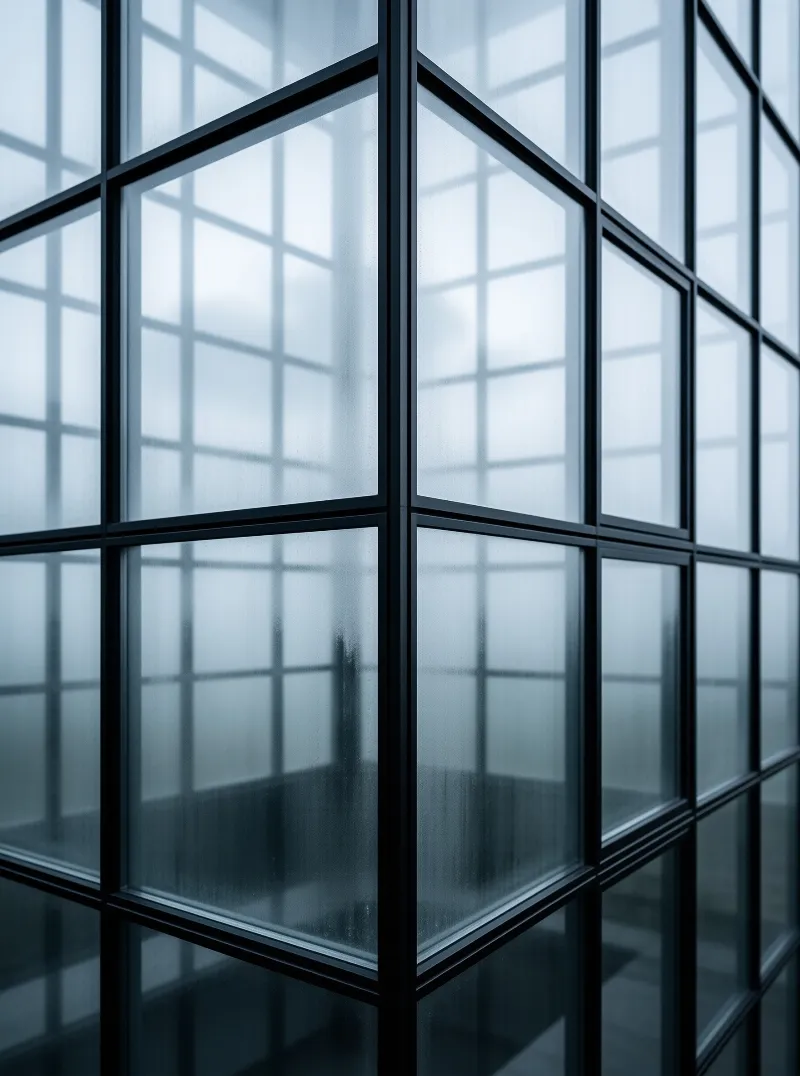 Black framing divides translucent panels in a repetitive pattern where soft light filters through the surface creating depth.
