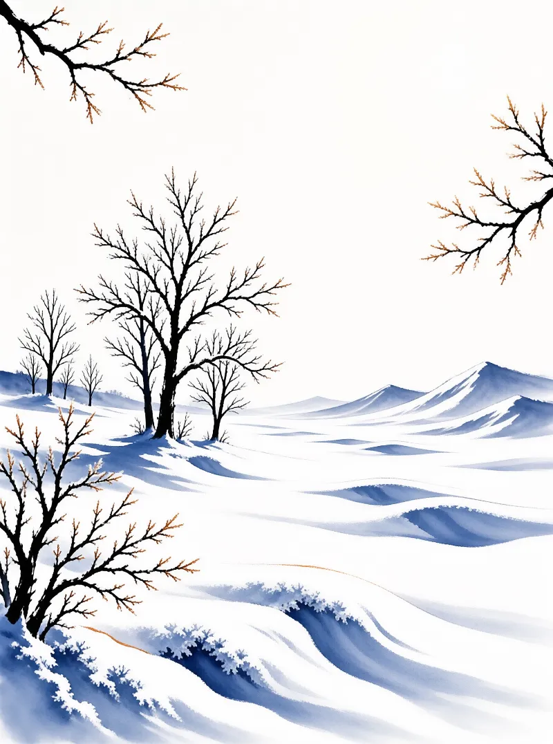 Delicate ink branches reach over soft blue drifts that roll toward pale distant ridgelines.