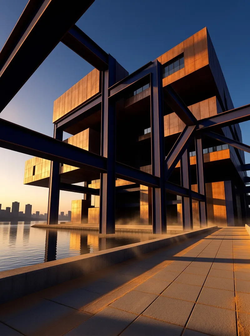 Massive dark geometric building stands beside a lake with golden light hitting its upper levels against a blue sky.