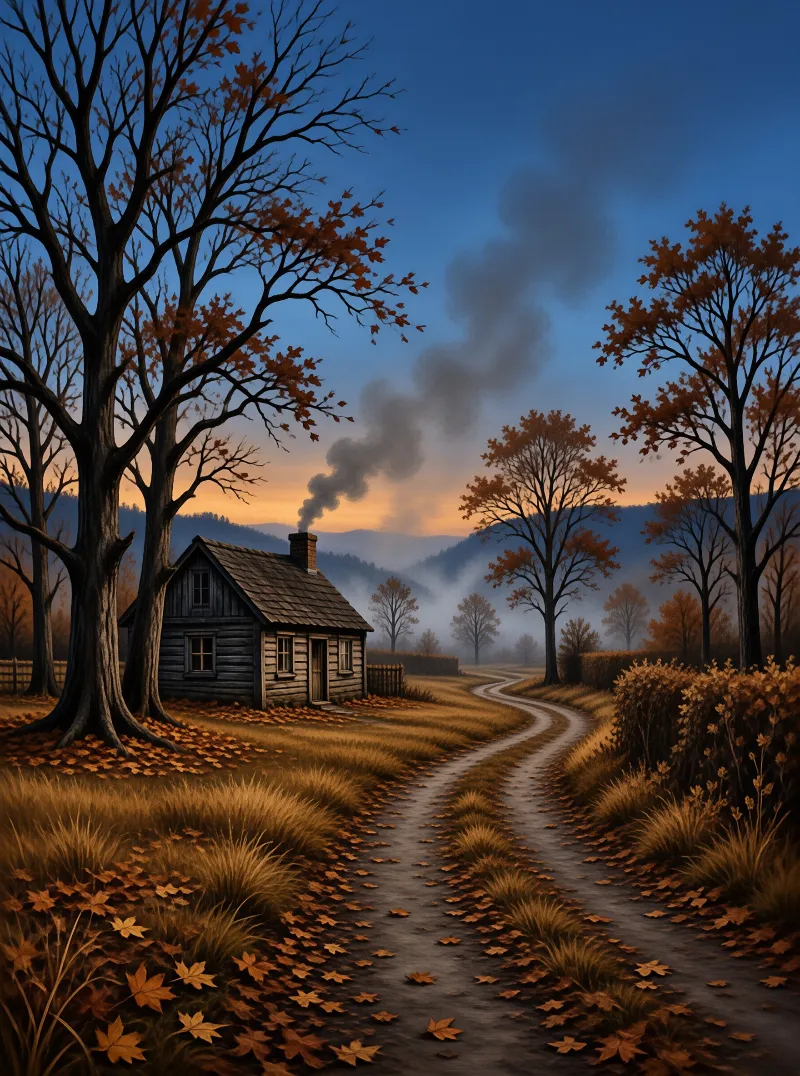 Rustic log house stands near a curving dirt track surrounded by autumn trees and distant foggy mountains at dusk.