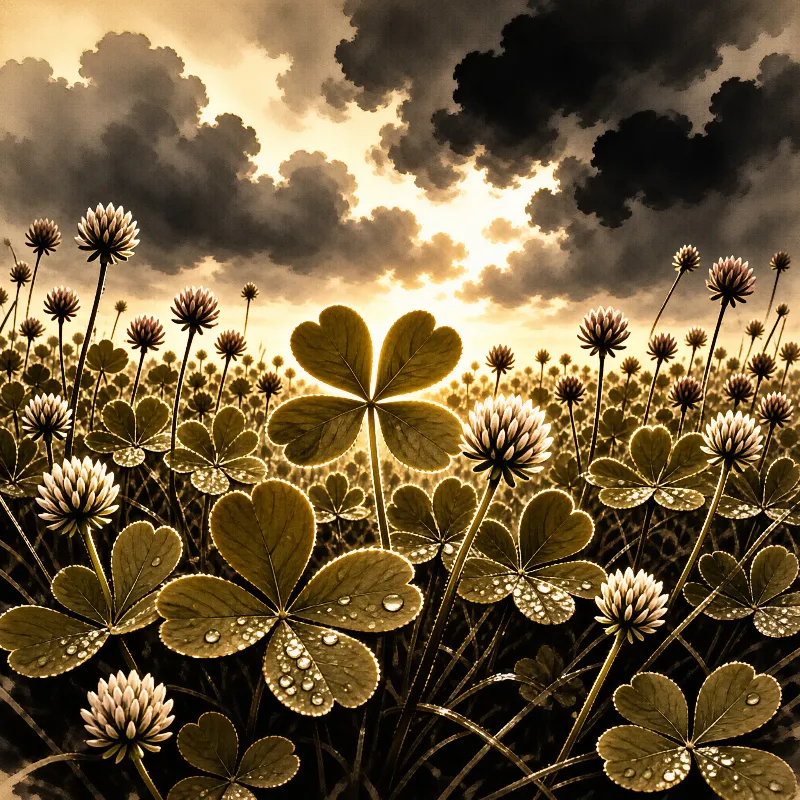 Clover leaves with water droplets in a field of clover flowers under dramatic clouds with golden sunlight