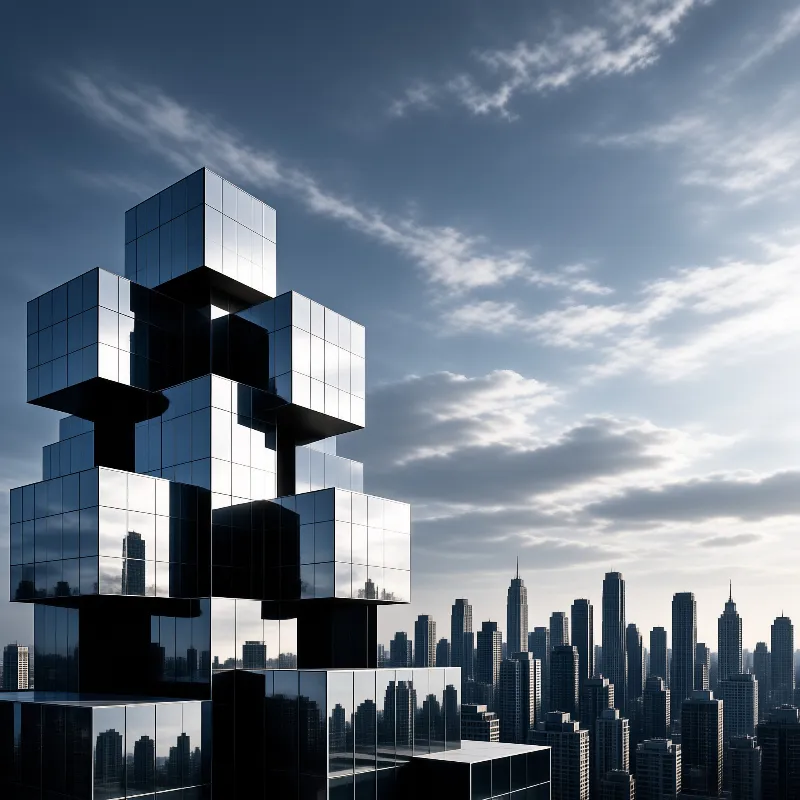 Cubes of reflective glass cantilever over each other, mirroring clouds and a distant skyline.