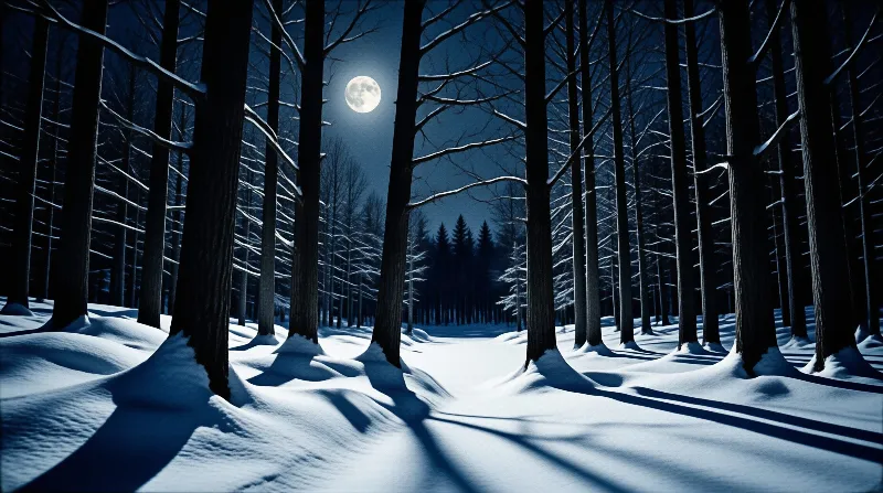 A long snowy path winds through tall dark trees while a bright full moon hangs in the deep blue night sky.