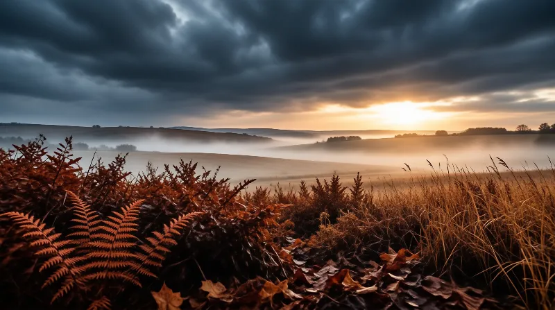 Bronze ferns and dry grass fill the foreground while fog pools between rolling fields under a break of low sunlight.