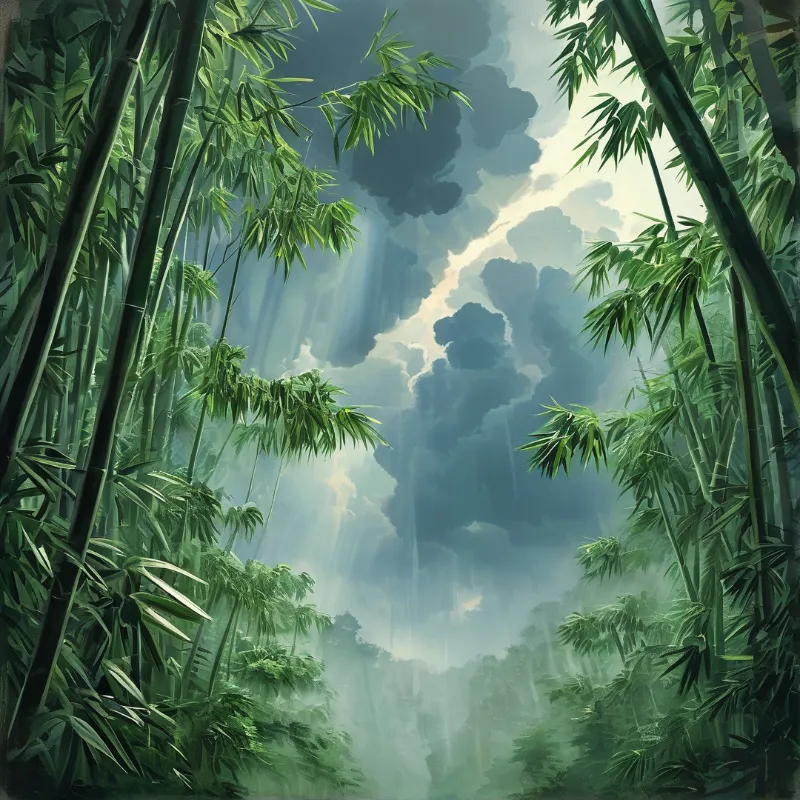 Green bamboo stalks border a cloudy sky where bright rays of sunlight cut through the misty atmosphere.