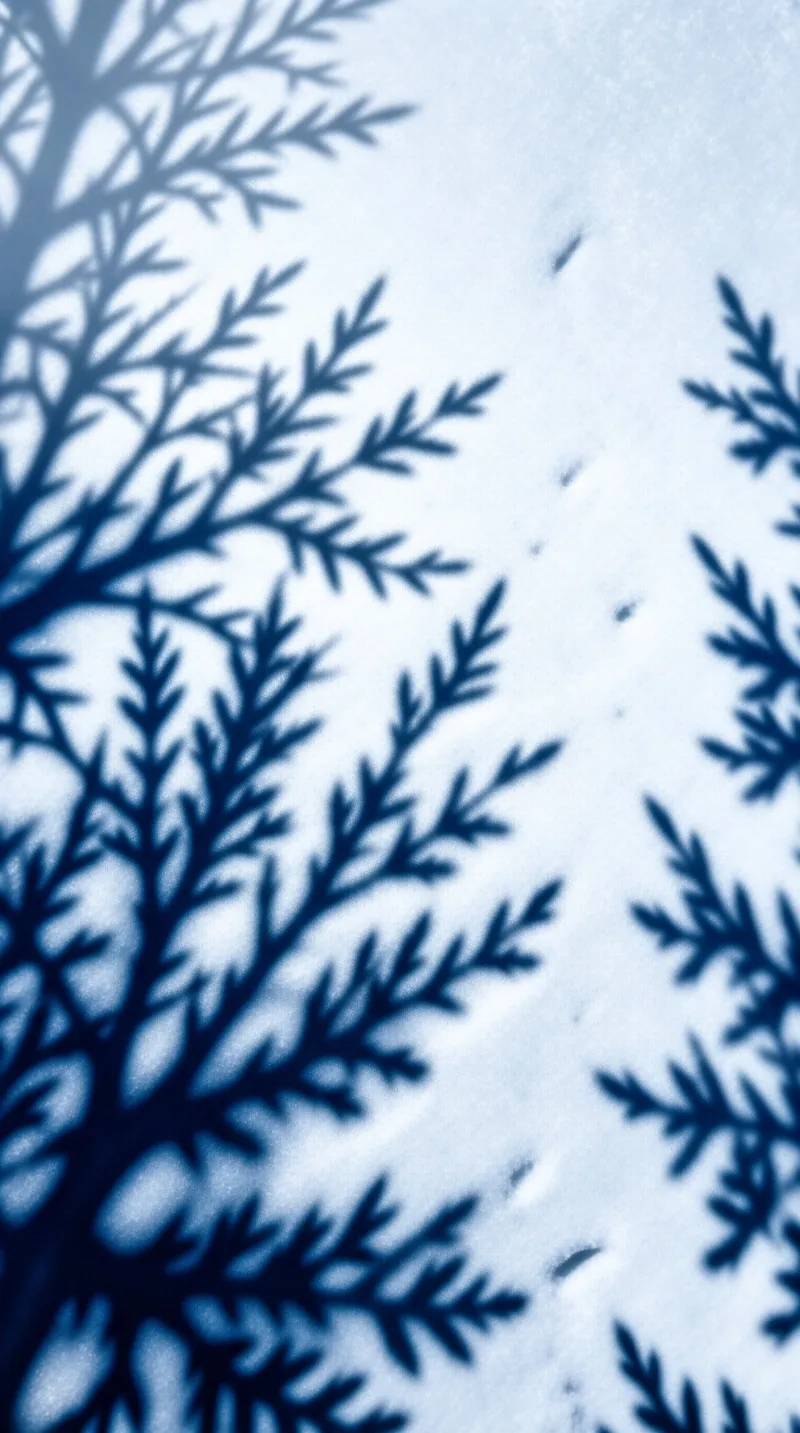 Dark blue tree branch shadows stretch across bright white snow creating a high contrast winter scene.