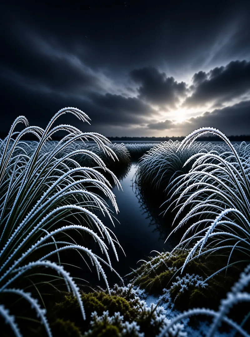 Tall frosty grasses curve around a calm river leading to a bright sun breaking through dark clouds.