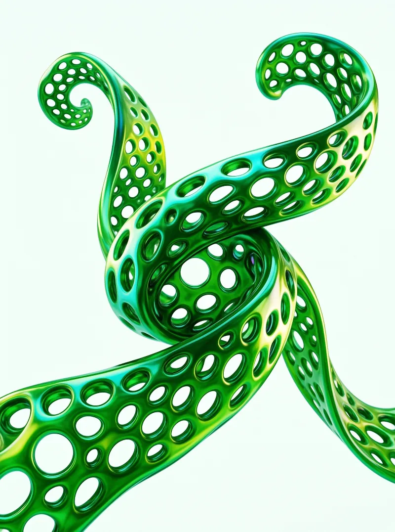 A glossy green band pierced with round holes twists into curls against a plain pale background.