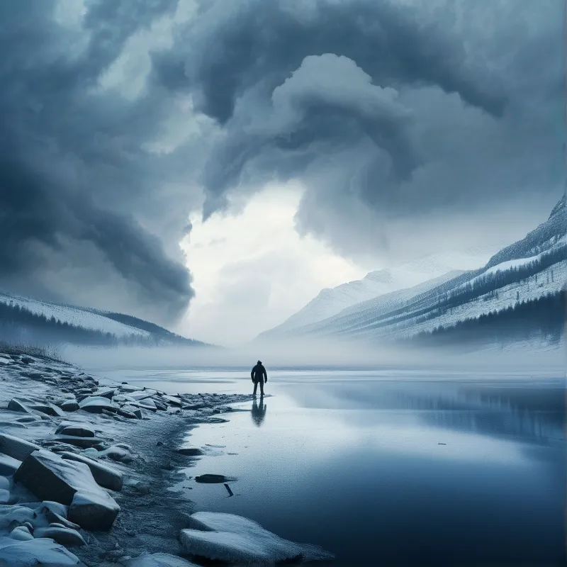 Lone Walker at Frozen Lake