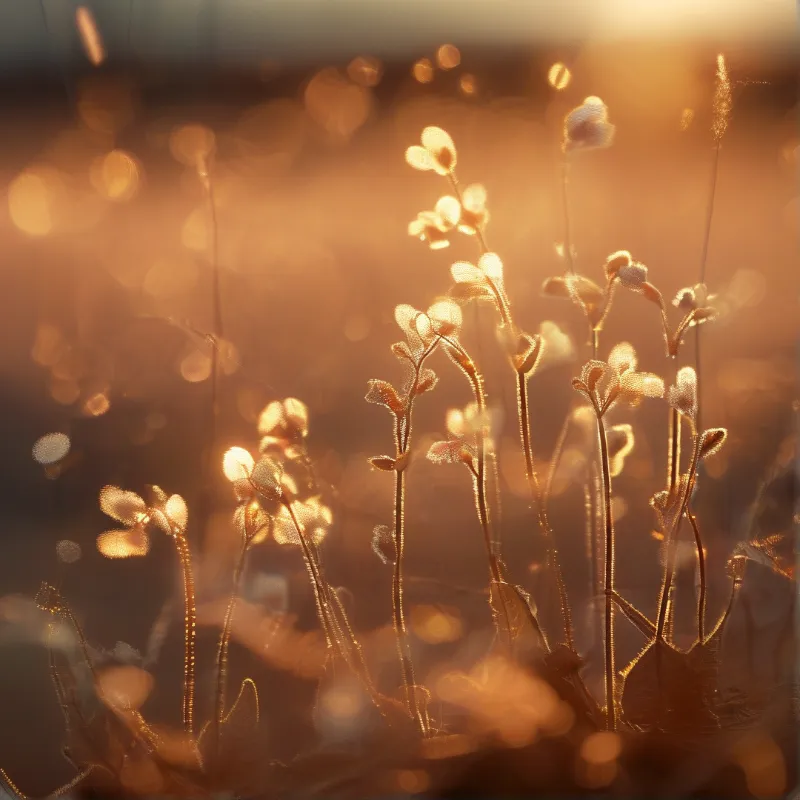 Translucent plant stems rise against a blurred golden background with soft circular light spots.