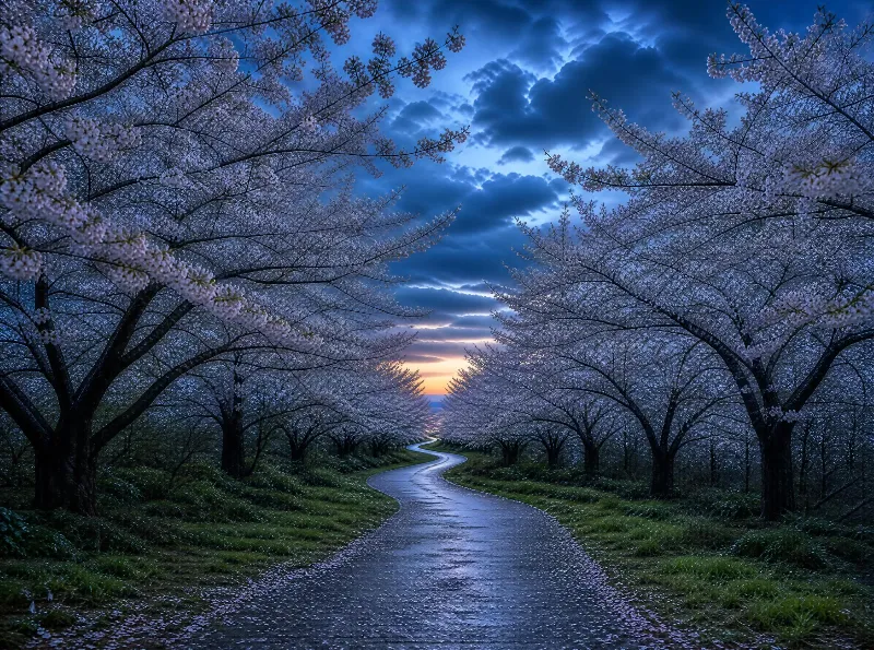Cherry Blossom Path at Dusk