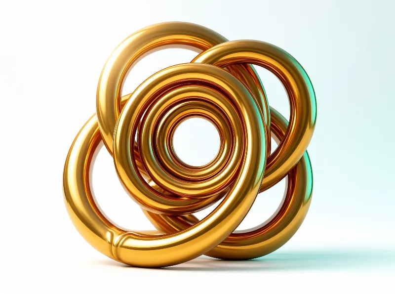 Shiny gold rings are interlocked in a symmetrical arrangement against a soft gradient background with subtle teal highlights.
