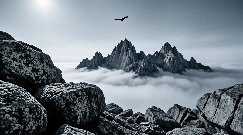 A lone bird soars over jagged mountain summits rising from a sea of clouds in a moody black-and-white alpine scene.