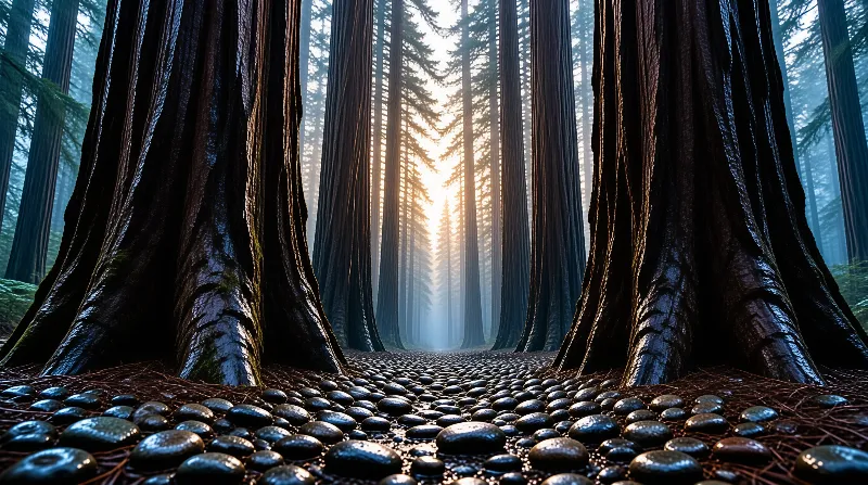 Gigantic fluted trunks rise on either side of a corridor paved with pebbles, morning sun bursting through distant trees.