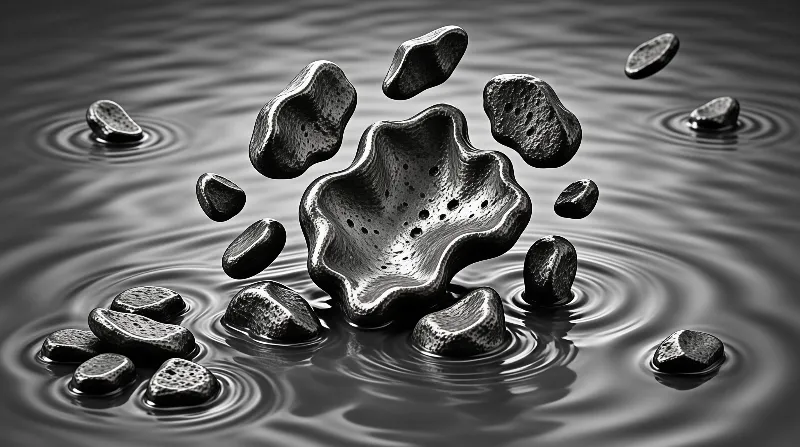A dark porous stone bowl floats above rippling water surrounded by smooth pebbles creating concentric circles