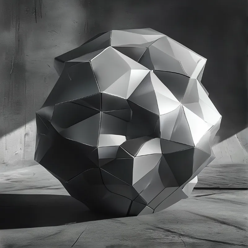 A large faceted metallic object rests on a rough concrete surface, highlighted by strong directional lighting from the right.