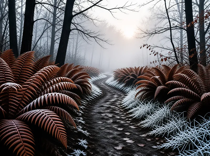 A dirt path winds through a foggy woods where large brown ferns grow on either side under soft light.
